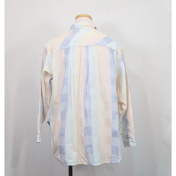 Vintage 80s Blouse Blue Peach Yellow Green Plaid Top Cotton Misses Size 6 - Picture 4 of 5